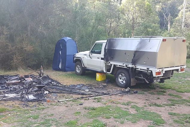 The burned remains of Russell Hill and Carol Clay's campsite