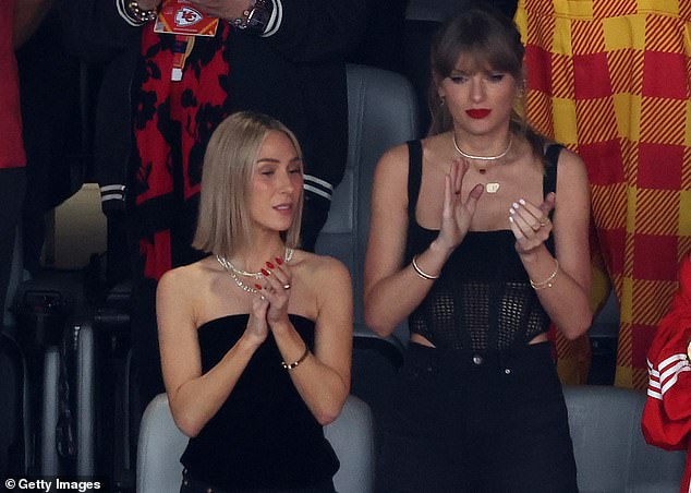 Pictured right shows pop star Taylor Swift wearing a Dion Lee crochet corset top at the SuperBowl in February