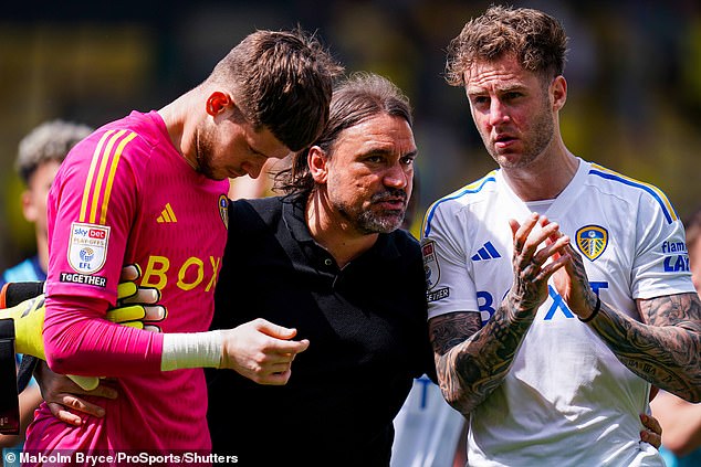 Leeds boss Daniel Farke with Rodon (right) and goalkeeper Ilian Meslier (left)