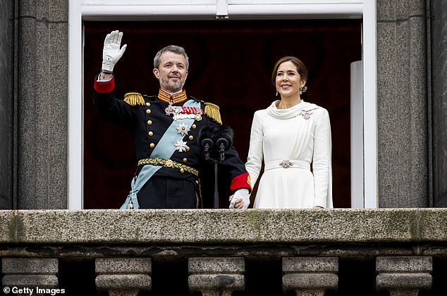 Pictured: King Frederick and Queen Mary of Denmark after the monarch's proclamation in January