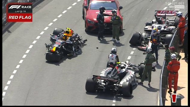 Only one wheel remained attached to Perez's car after the crash with Kevin Magnussen