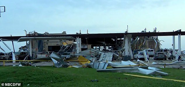 Pictured: The gas station in Valley View, Texas where 60 to 80 people took shelter during the tornado on Saturday evening