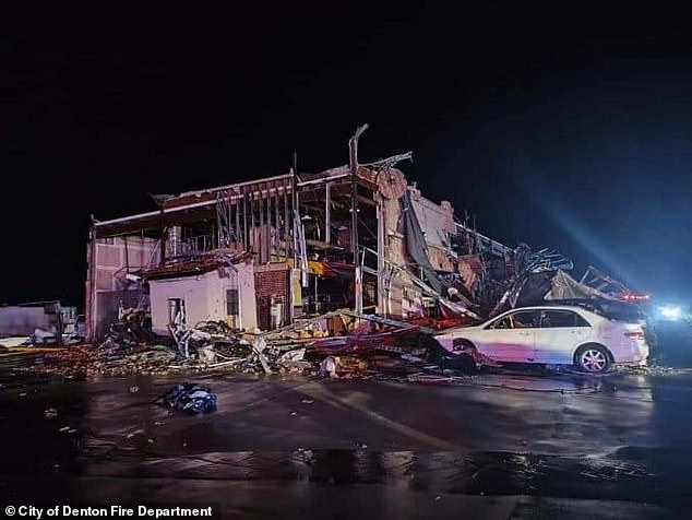 A decimated building at Marina Circle on Lake Ray Roberts in Denton County, Texas