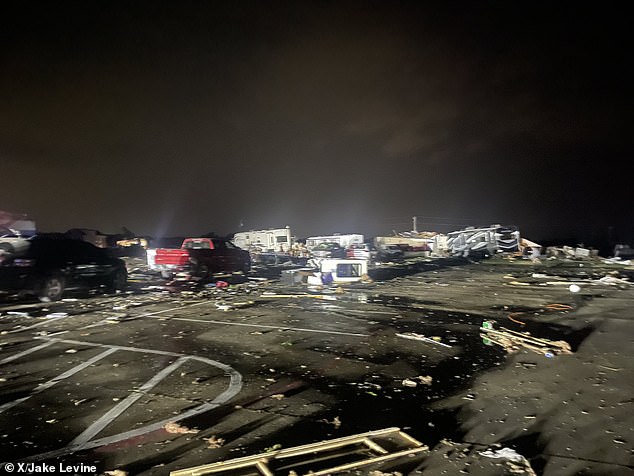 A tornado ripped through this parking lot north of Denton, Texas
