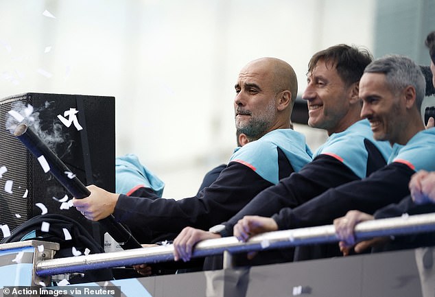 Guardiola was in good spirits as Man City celebrated their fourth straight league title