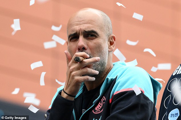Meanwhile, in traditional fashion, manager Pep Guardiola chose to celebrate with a cigar