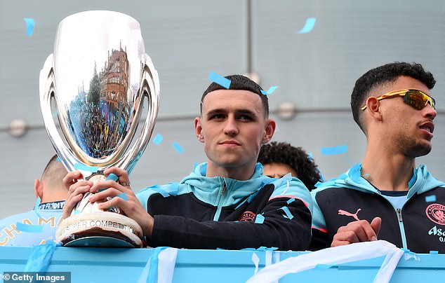 Phil Foden, the Premier League player of the year, stands with the UEFA Super Cup title