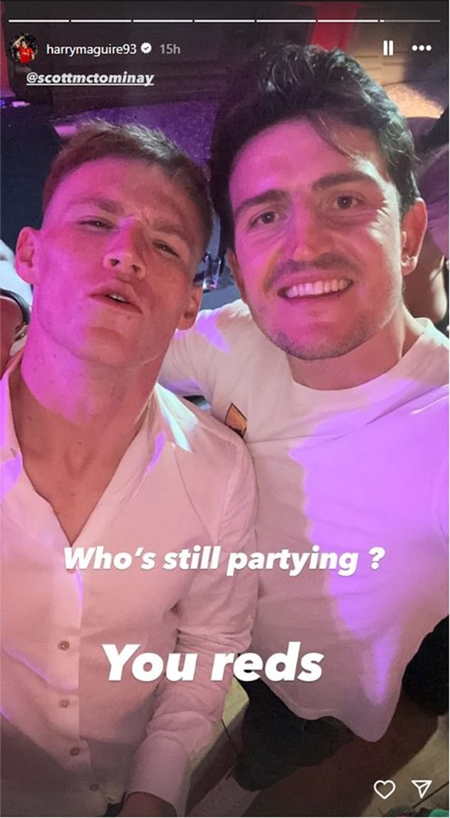 Harry Maguire (right) posted many photos on his social media throughout the evening