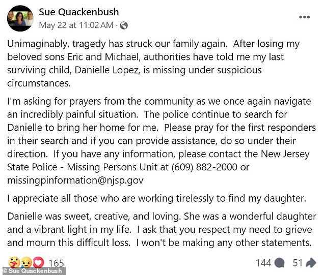 Sue Quackenbush posted about her missing daughter, Danielle, in a heartbreaking post