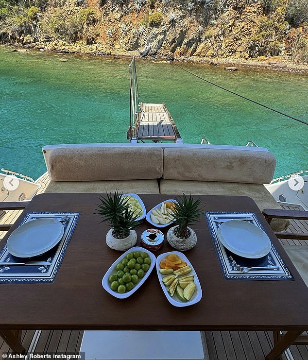 The TV star seemed to spare no expense and shared a shot of a table set for two on the yacht with lots of delicious fruit