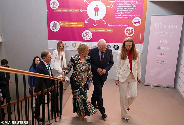 Sophie, Duchess of Edinburgh and Ambassador of the United Kingdom to Ukraine Martin Harris visits the UNFPA office to meet with war victims in Kiev, Ukraine on April 29, 2024