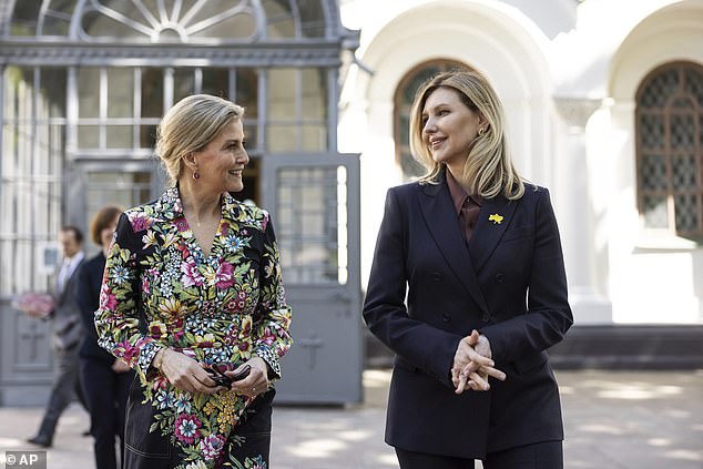 The Duchess of Edinburgh (left) and Olena Zelenska, (right) wife of Ukrainian President Volodymyr Zelensky, talk during their visit to St. Sophia Cathedral in Kiev on April 29, 2024