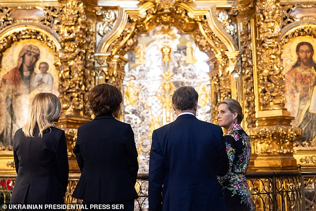 Ukrainian First Lady Olena Zelenska (left) and Britain's Sophie, Duchess of Edinburgh (right) visit St. Sophia's Cathedral in Kiev on April 29, 2024