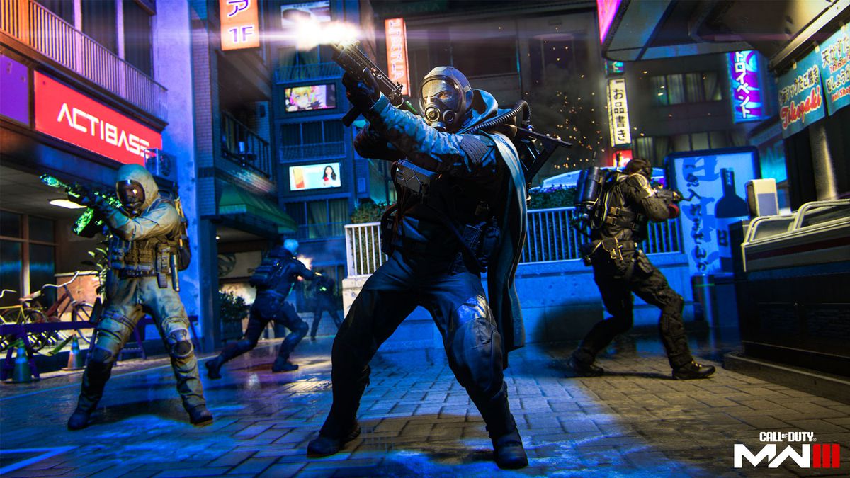 Call of Duty soldiers stand around a square in Tokyo in major artwork for MW3 season 4.