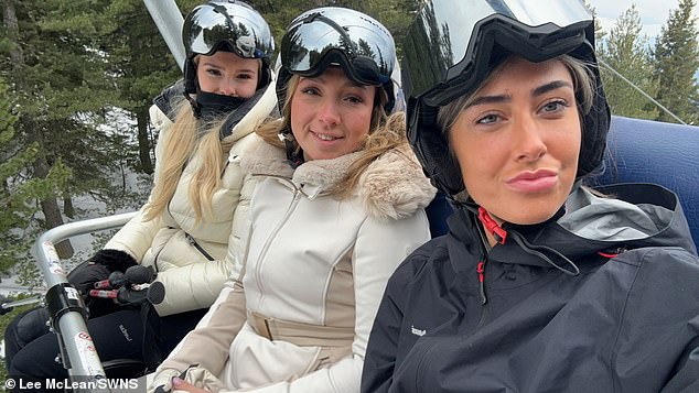 Olivia, center, went on the five-day spring ski trip with her sister and friends Laura Howe, 23, left, Charlotte Howe, 20, Georgia Cooke, 23, Ellise Cowley, 23, and Anastasia Griffith 23, right