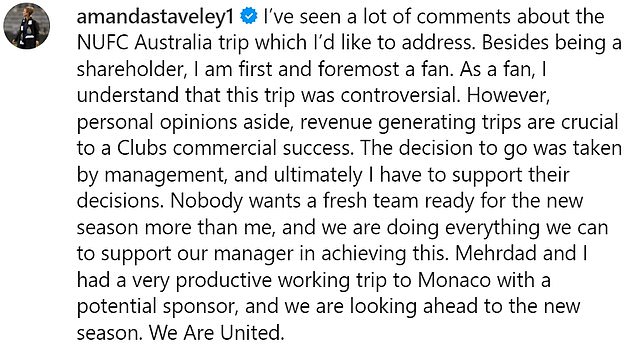 1716827194 102 Newcastle co owner Amanda Staveley responds to criticism of controversial post season