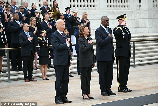 The commander in chief, 81, was joined by Vice President Kamala Harris and Defense Secretary Lloyd Austin at Arlington National Cemetery for the annual ceremony.