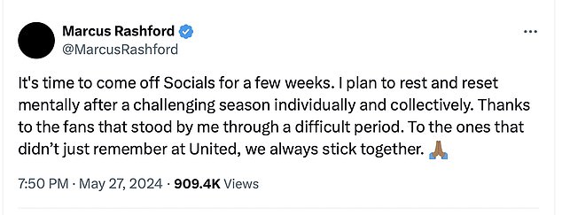 The message Rashford sent to announce that he would be leaving social media after a difficult season