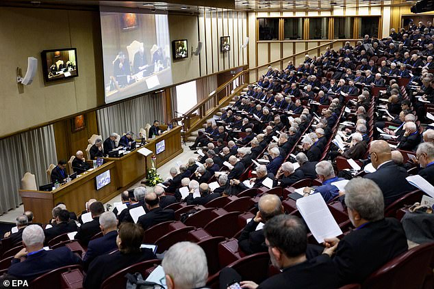 The comments were said to have been made during a closed-door meeting ahead of the conference.  Pictured: the opening session of the 79th General Assembly of the Italian Episcopal Conference