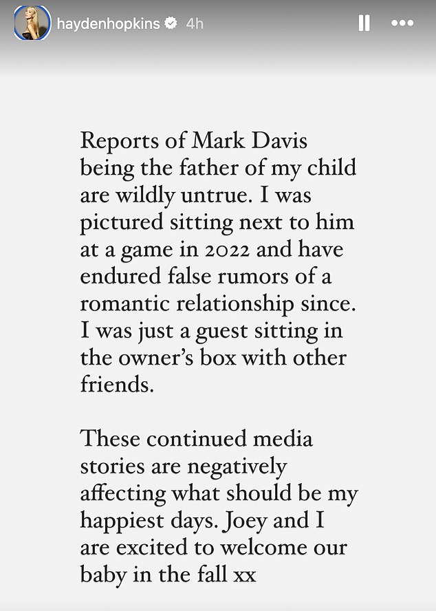 Hayden Hopkins has denied rumors that Raiders owner Mark Davis is the father of her baby