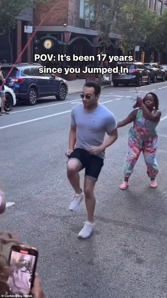 In the video, Corbin is seen on the street wearing a gray T-shirt, navy blue shorts and white sneakers while jumping rope with the help of two friends.