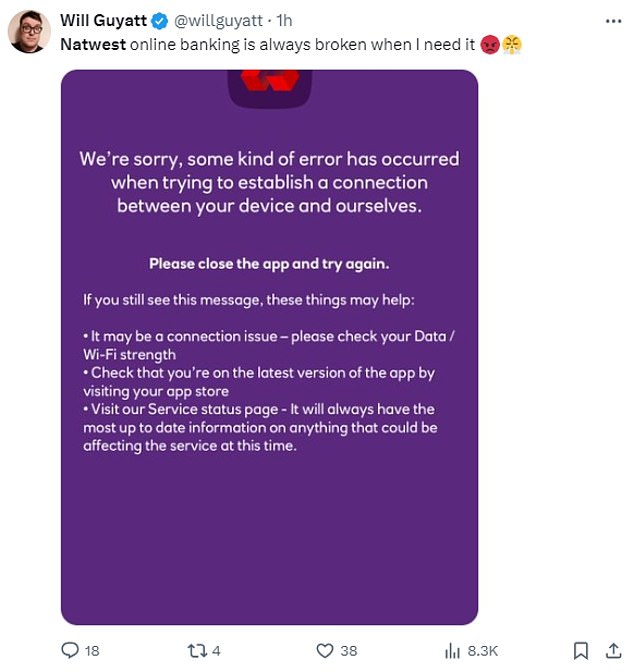 Although NatWest itself has not publicly confirmed the outage, its account has responded to users