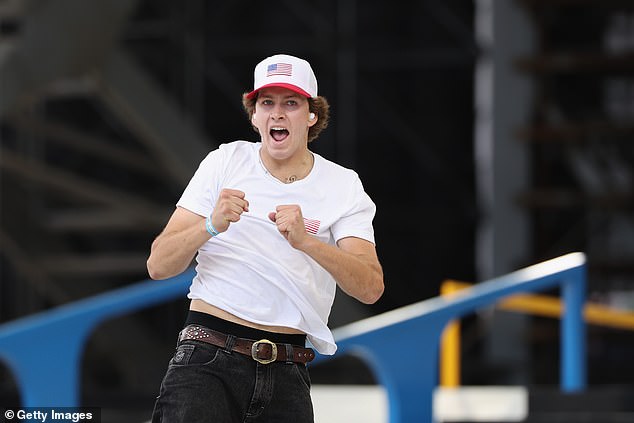 Eaton routinely skates in a white T-shirt and jeans, as seen here in Shanghai on May 19