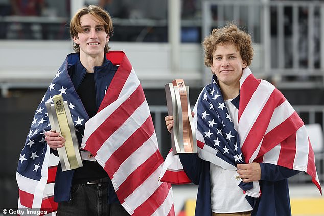 Eaton (right) and compatriot Tate Carew pose with their medals after the OQS park final