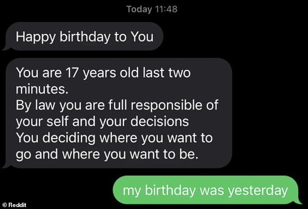 Oops!  A mother tried to send her daughter a sentimental 18th birthday text, but unfortunately it was a day too late