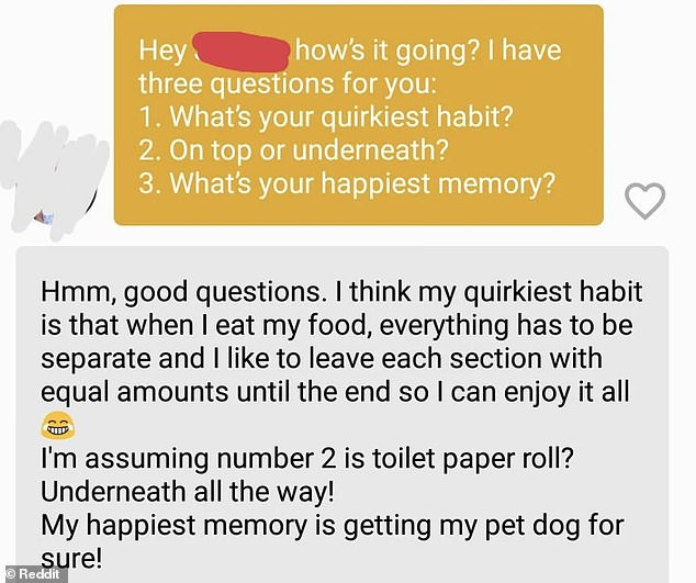 Sweet!  This woman later reflected on this message exchange, but realized she was naive about question two