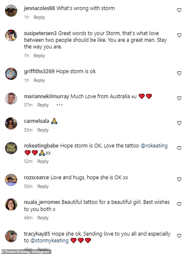 His followers were quick to praise the singer, but many flooded the comments section with messages sharing their concerns about Storm and sending their well wishes.