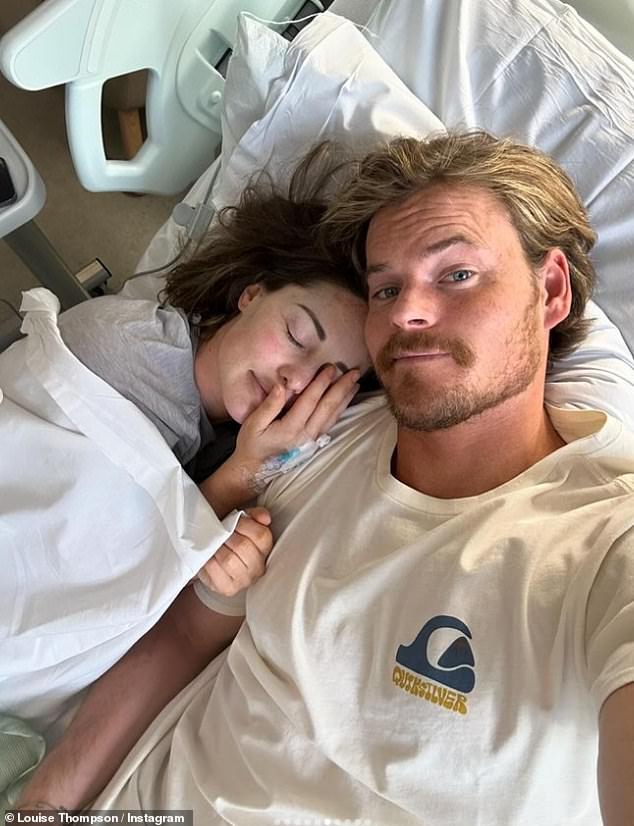 The former Made In Cheslea star, 34, had a 'catastrophic' birth, bleeding after an emergency C-section and again a week later (pictured with fiance Ryan Libbey)