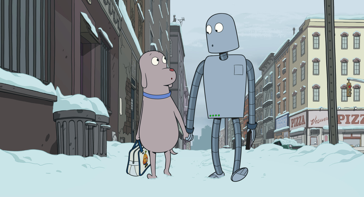 An animated dog and a robot walk hand in hand on a snowy sidewalk