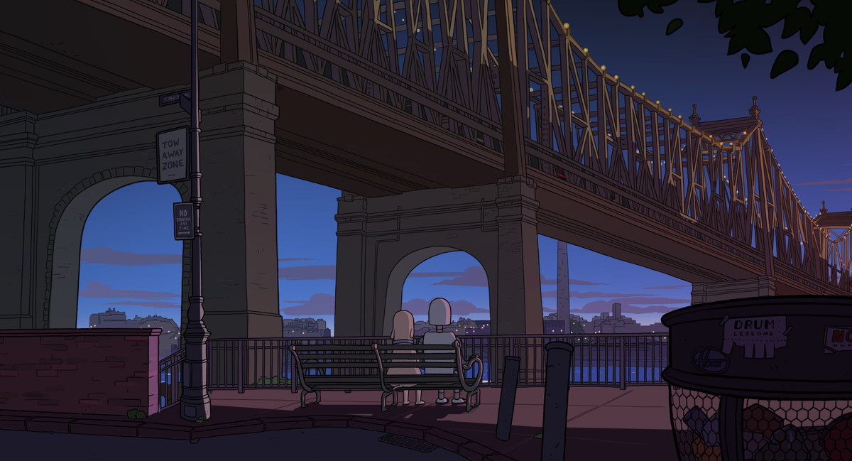 An animated robot and a dog sit under a bridge in New York City and watch the sunset.