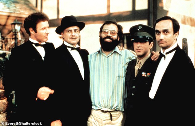 From left to right: James Caan, Brando, Francis Ford Coppola, Al Pacino and John Cazale in The Godfather