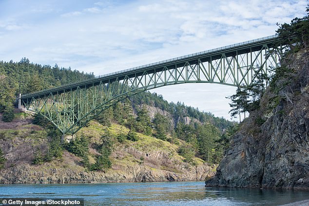 The High Steel Bridge is 200 meters long and has a deck 100 meters above the river water.  It spans the south fork of the Skokomish River, on the National Forest Servce road, located in the town of Shelton in Macon County