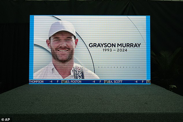 The two-time PGA Tour winner died on May 25, a day after withdrawing from the Charles Schwab Challenge golf tournament in Texas.  A CBS golf broadcast, played on an empty stage in the media center, shows a photo of Grayson Murray during the third round of the tournament in Fort Worth, Texas, on Saturday