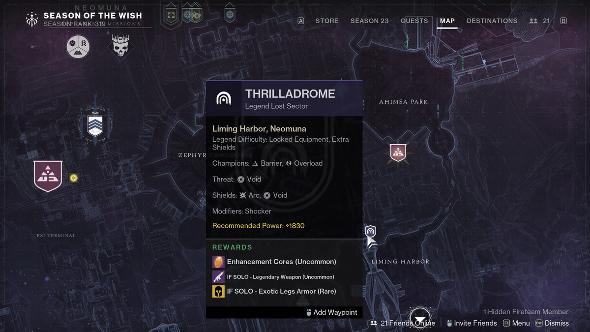 A map showing Thrilladrome's lost sector in Destiny 2