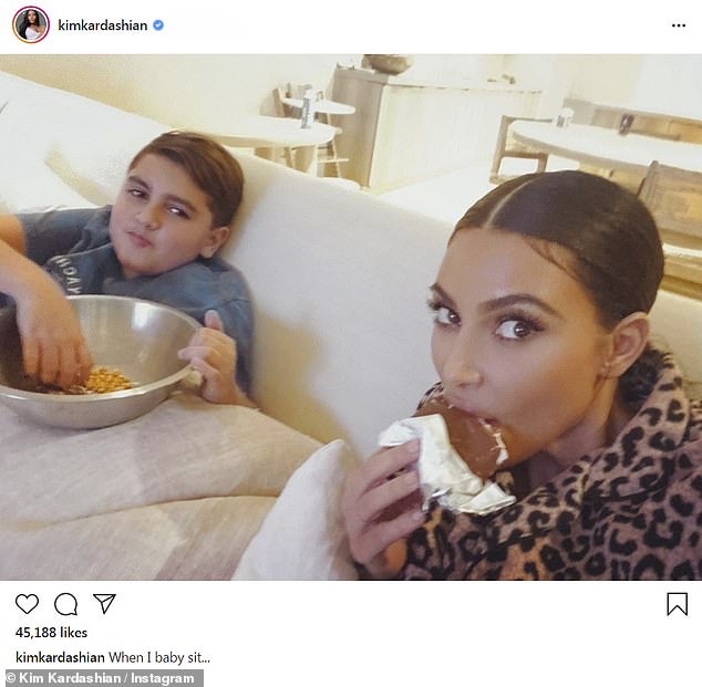 As of Tuesday, Mason only has three posts, which include friends of himself, as well as his siblings Penelope, 11, and 9-year-old Reign (pictured with Kim in a post shared to her account)