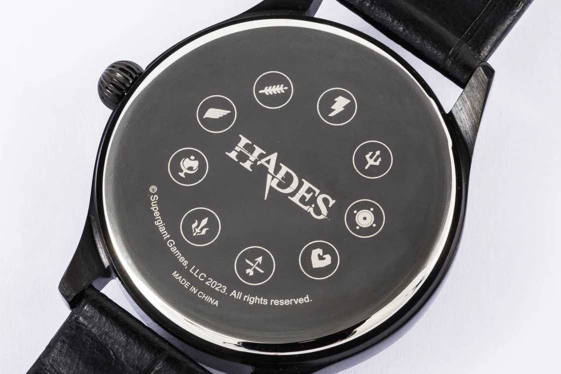 A detailed stock photo of the back of SuperGroupies' Hades watch