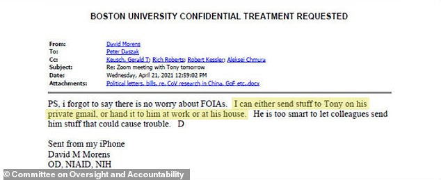 Morens suggested to Daszak that he could send information to Fauci's personal email or personally deliver it to circumvent transparency laws