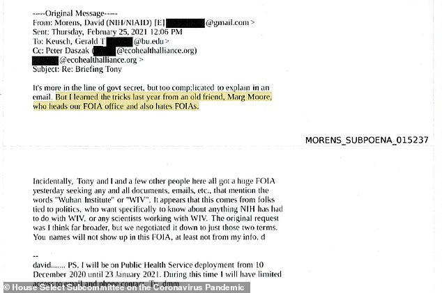 Morens claimed he learned how to avoid FOIA investigations from Margaret Moore, who previously worked at the NIH's National Institute of Allergy and Infectious Diseases (NIAID).