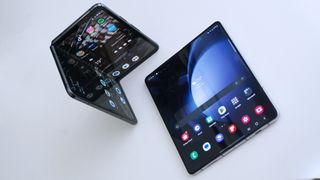 Google Pixel Fold versus Samsung Galaxy Z Fold 5 front slanted half open