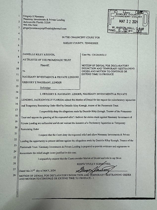 The one-page fax, signed by Gregory Naussany and received by the court, contained the email gregoryenaussanyniplflorida@hotmail.com, to which the scammer replied