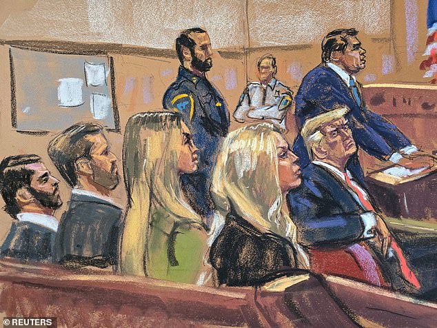 It was family and friends day for Trump with (from left to right) Don Jr., Eric Trump, Lara Trump and Tiffany Trump behind him in the courtroom