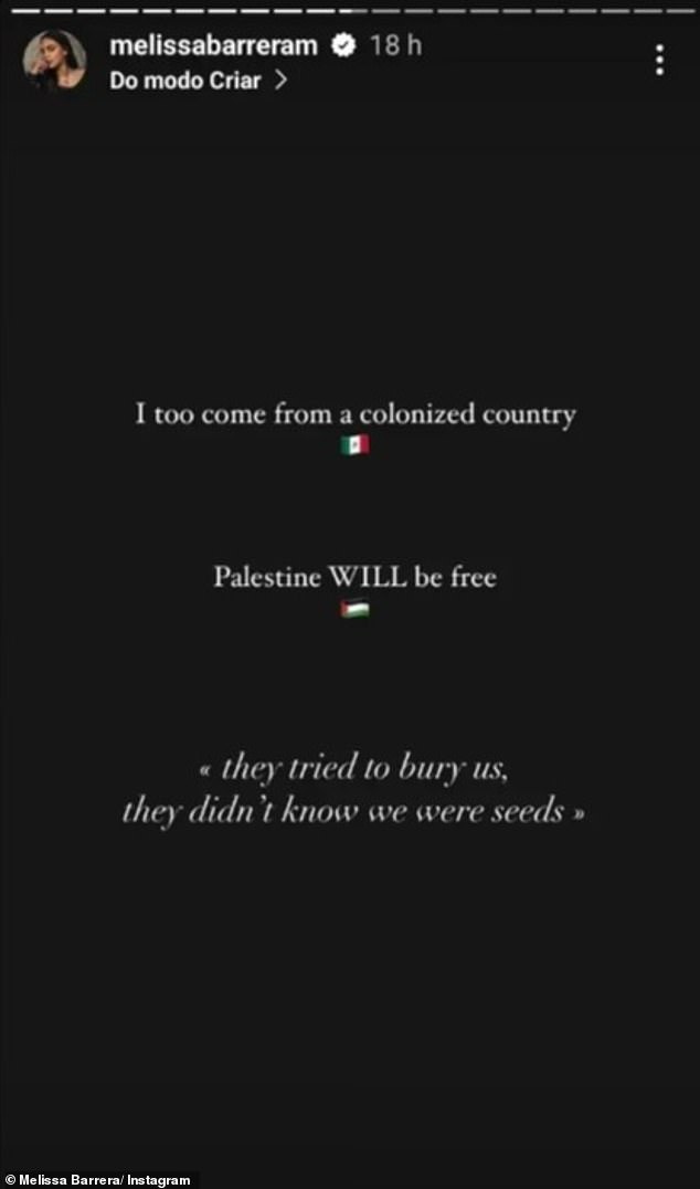 “I also come from a colonized country,” she wrote, adding a Mexican flag.  'Palestine WILL be free.'