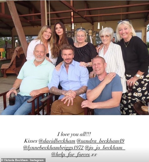 David's divorced parents Ted (bottom left) and Sandra (second top right) also joined the group, while Ted's new wife Hilary Meredith-Beckham (top right) also attended the meeting