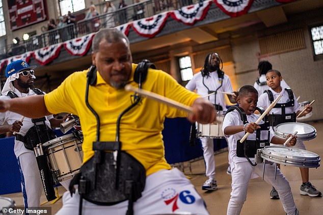 The 76ers' Sixers Stixers drum lines perform ahead of President Joe Biden and Vice President Kamala Harris' appearance Wednesday in Philadelphia to launch Black Voters for Biden-Harris