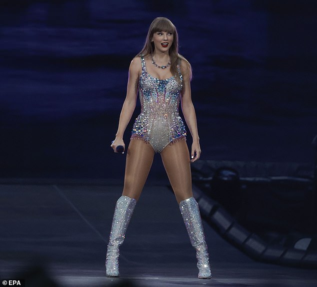 American singer Taylor Swift performs on stage on the occasion of her 'The Eras Tour' concert at Santiago Bernabeu Stadium in Madrid, Spain, May 29, 2024