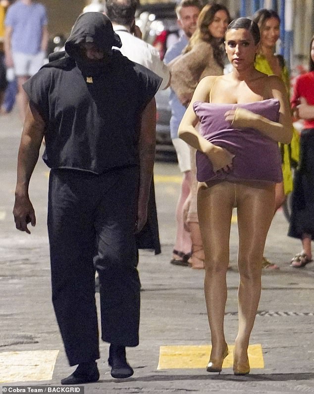 Kanye and Bianca Censori previously stepped out in Florence with Bianca and again used a purple pillow to cover her breasts